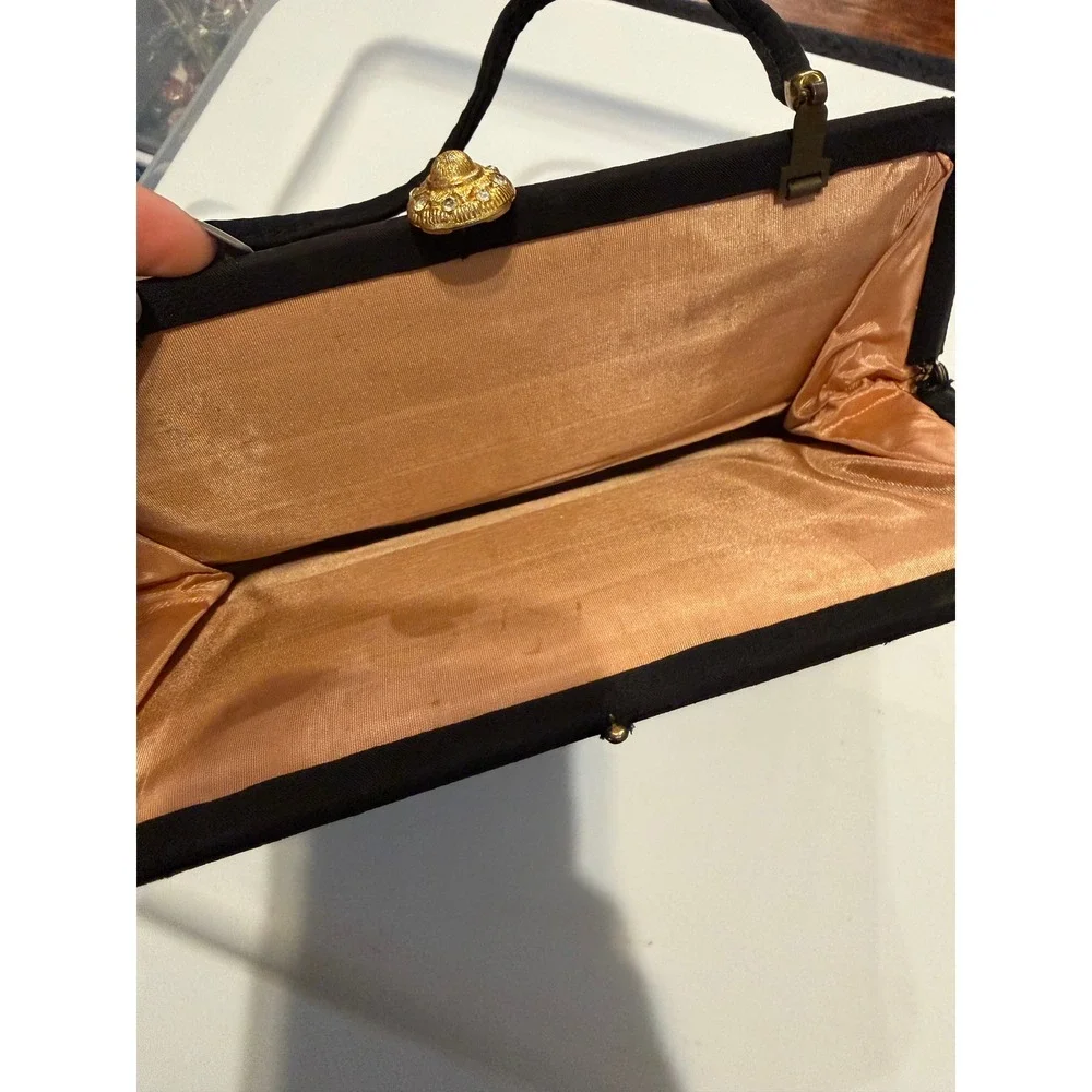 Vintage Black Fabric Evening Bag Gold Rhinestone Clasp Peach Lining Retro Clutch